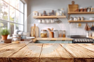 Empty Rustic Wooden Table in Bright Blurred Kitchen Background