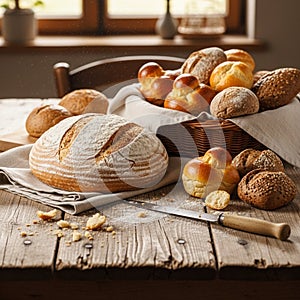 A rustic kitchen setting with an assortment of freshly baked bread