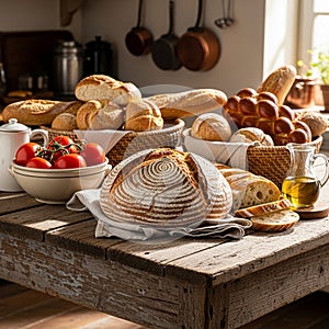 A rustic kitchen setting features various types of bread on a wooden table