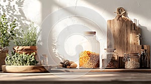 Rustic kitchen shelf with jars and herbs in natural light
