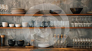 Rustic kitchen shelves with plates and glassware
