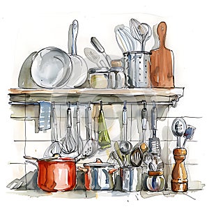 Rustic Kitchen Shelves Watercolor Illustration