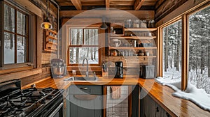 Rustic Kitchen with Snow-Covered Window View
