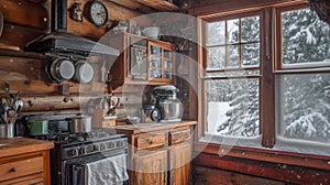Rustic Kitchen with Snow-Covered Window View