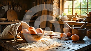 Rustic Kitchen Still Life With Fresh Eggs Flour And Wooden Cooking Tools In Warm Sunlight