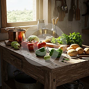 Rustic Kitchen Still Life with Fresh Vegetables