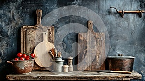 Rustic Kitchen Still Life Wood, Tomatoes, Metal