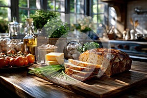 Rustic kitchen table with bread, cheese, tomatoes, and herbs