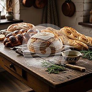 A rustic kitchen table features an assortment of freshly baked bread