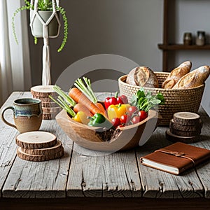 A rustic kitchen table features a