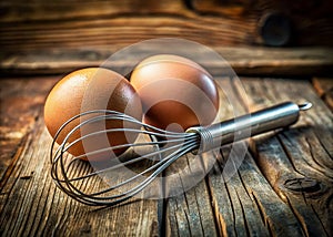Rustic Kitchen Table Setting Fresh Eggs Whisk and Baking Preparation A Charming Home Baking Scene