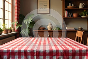 Rustic kitchen table setting with red and white checkered tablecloth, ready for a meal. Generative AI