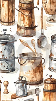 Rustic Kitchen Utensils and Containers Watercolor Seamless Pattern