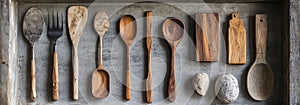 Rustic Kitchen Utensils Vintage Wood and Silverware Flat Lay Composition