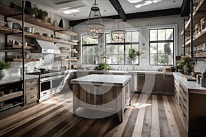 rustic kitchen with white cabinetry, glass fronts, and open shelving