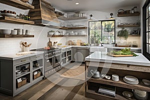 rustic kitchen with white cabinetry, glass fronts, and open shelving