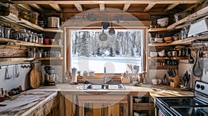 Rustic Kitchen with Window View of Snowy Forest