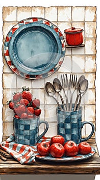 Rustic Farmhouse Kitchen Still Life with Fresh Produce and Utensils