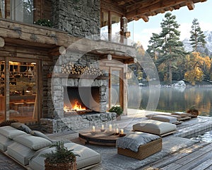 Rustic lakeside retreat with natural stone fireplace and large wooden deck.3D render
