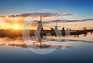 Rustic landscape with beautiful traditional dutch windmills