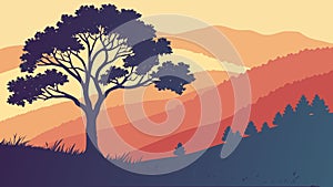 Rustic Landscape with Lone Tree and Hills, vector design Generative AI