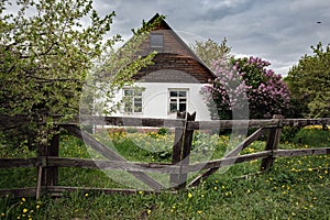 Rustic landscape in spring, small village house