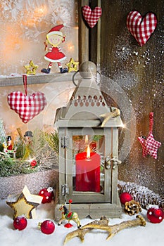 Rustic lantern with candlelights for christmas - classic in red