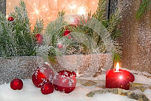 Rustic lantern with candlelights for christmas - classic in red