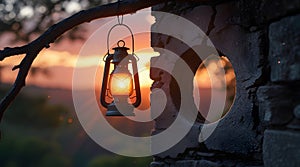 A rustic lantern hangs from the branches of an old tree, but instead of a candle inside,