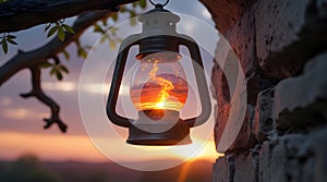 A rustic lantern hangs from the branches of an old tree, but instead of a candle inside,