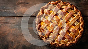 A rustic, lattice-topped peach pie featuring juicy, ripe peaches in a syrupy filling.