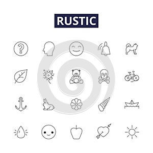 Rustic line vector icons and signs. bucolic, rural, uncivilized, unsophisticated, primitive, coarse, rusticated