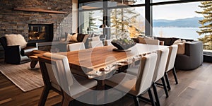 Rustic live edge dining table and chairs. Interior design of modern living room with wood paneling