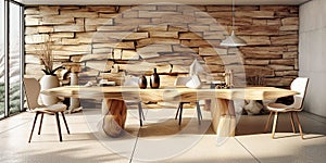 Rustic live edge dining table made from wooden slab and logs. Interior design of modern dining room with wild stone cladding wall