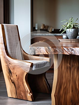 Rustic live edge dining table and solid wood armchair close up. Organic interior design of modern living room in farmhouse