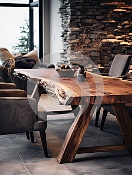 Rustic live edge dining table and solid wood armchair close up. Organic interior design of modern living room in farmhouse