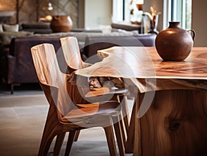 Rustic live edge dining table and solid wood chairs close up. Organic interior design of modern living room in farmhouse