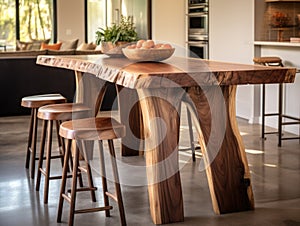 Rustic live edge dining table and solid wood stools close up. Organic interior design of modern living room in farmhouse