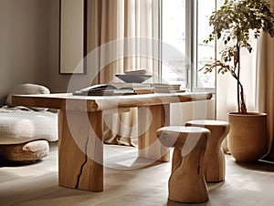 Rustic live edge dining table and solid wood stools close up. Organic interior design of modern living room in farmhouse. Created