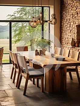 Rustic live edge dining table and wooden chairs. Interior design of modern dining room in country house