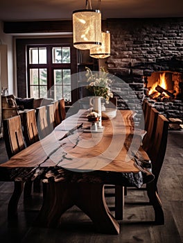 Rustic live edge dining table and wooden chairs. Interior design of modern dining room in country house