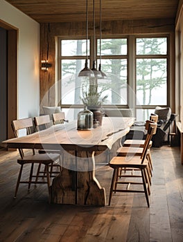 Rustic live edge dining table and wooden chairs. Interior design of modern dining room in country house