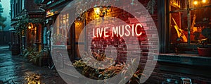 Rustic LIVE MUSIC neon sign on a brick wall, adorned with foliage, beckoning to the vibrant atmosphere of a venue with live