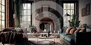 Rustic living room interior design with brick fireplace. Generative AI