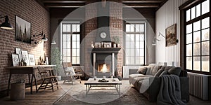 Rustic living room interior design with brick fireplace. Generative AI