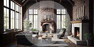 Rustic living room interior design with brick fireplace. Generative AI