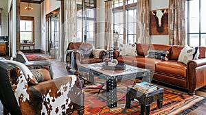 Rustic living room with leather furniture and cowhide rug