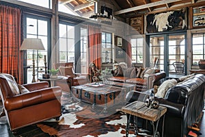 Rustic living room with leather furniture and cowhide rug