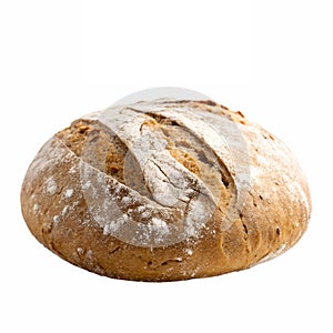 A rustic loaf of artisan bread with visible flour dusting.
