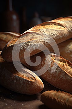 Rustic loaves of crusty French bread baguettes.